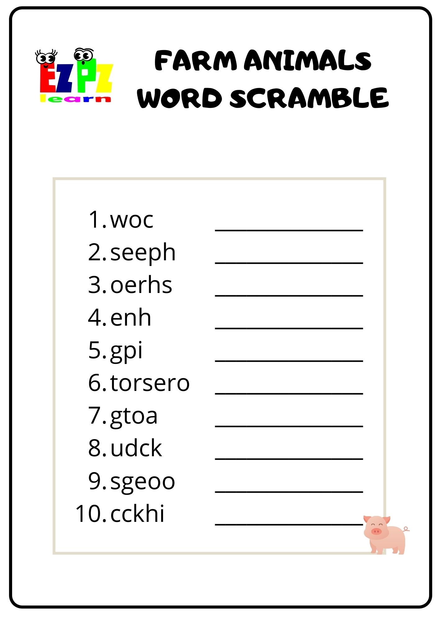 Farm Animals Word Scramble Ezpzlearn