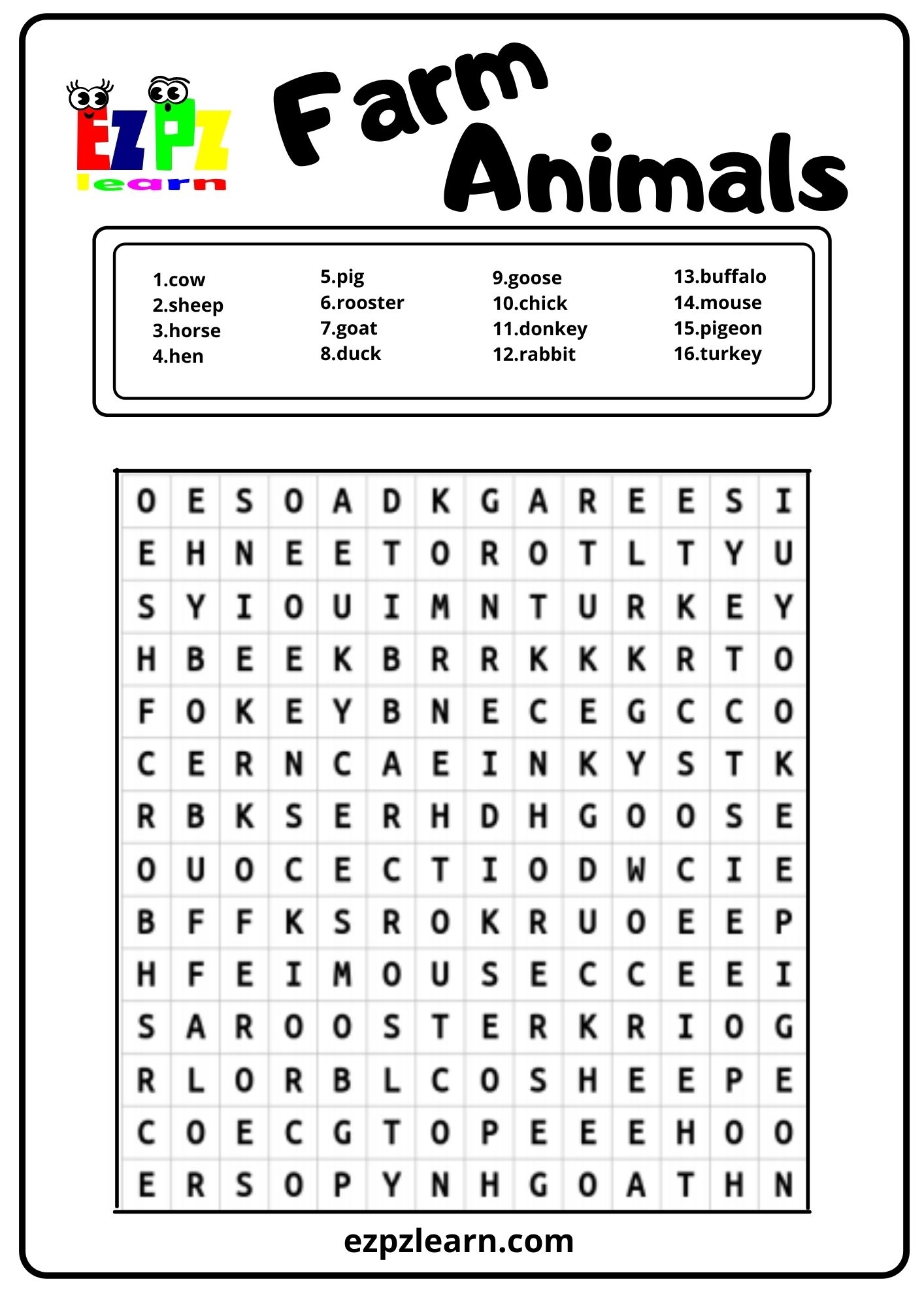Farm Word Search Free Printable