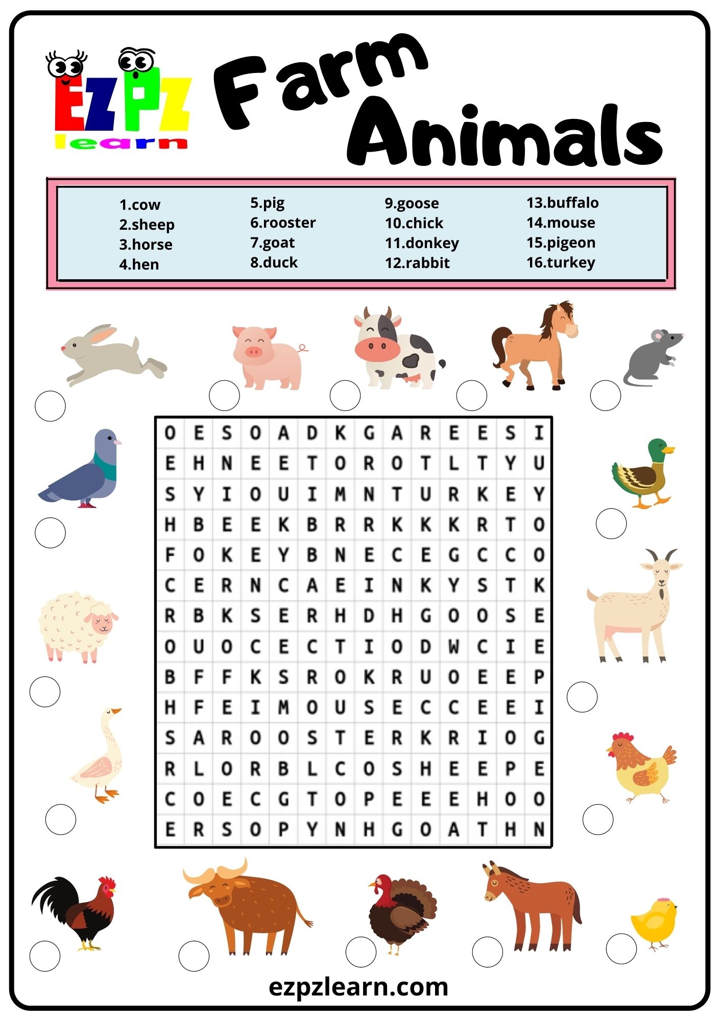 Farm Animals Word Search 2 Ezpzlearn
