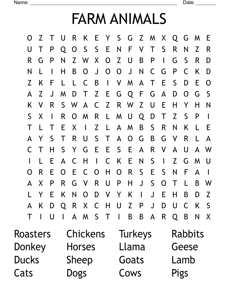 Farm Animal Word Search Printable