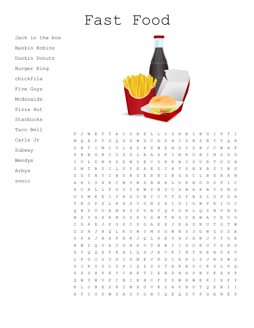 Fast Food Word Search WordMint