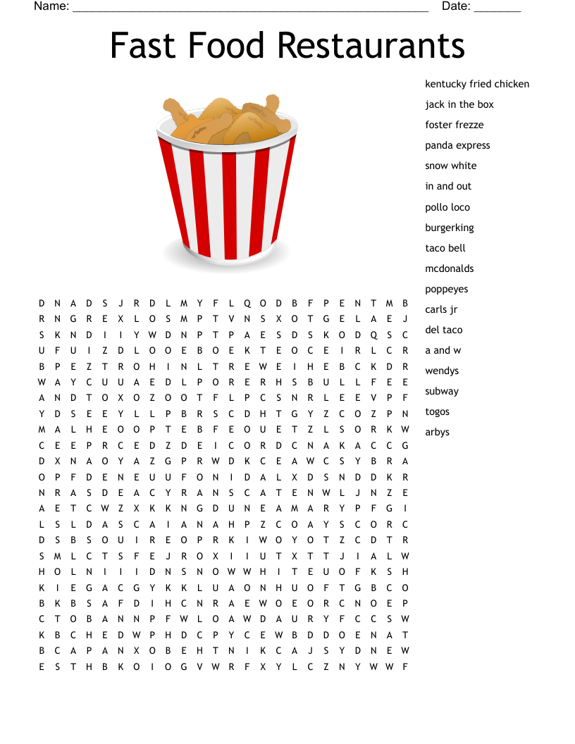 Fast Food Word Search Printable