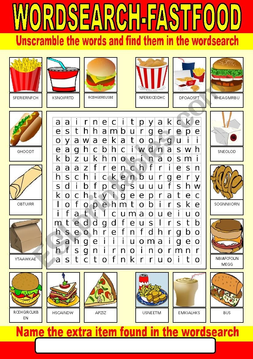 Fast Food Word Search Printable