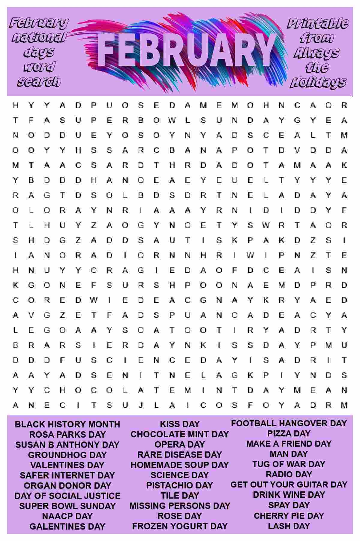 February Word Search Free Printables