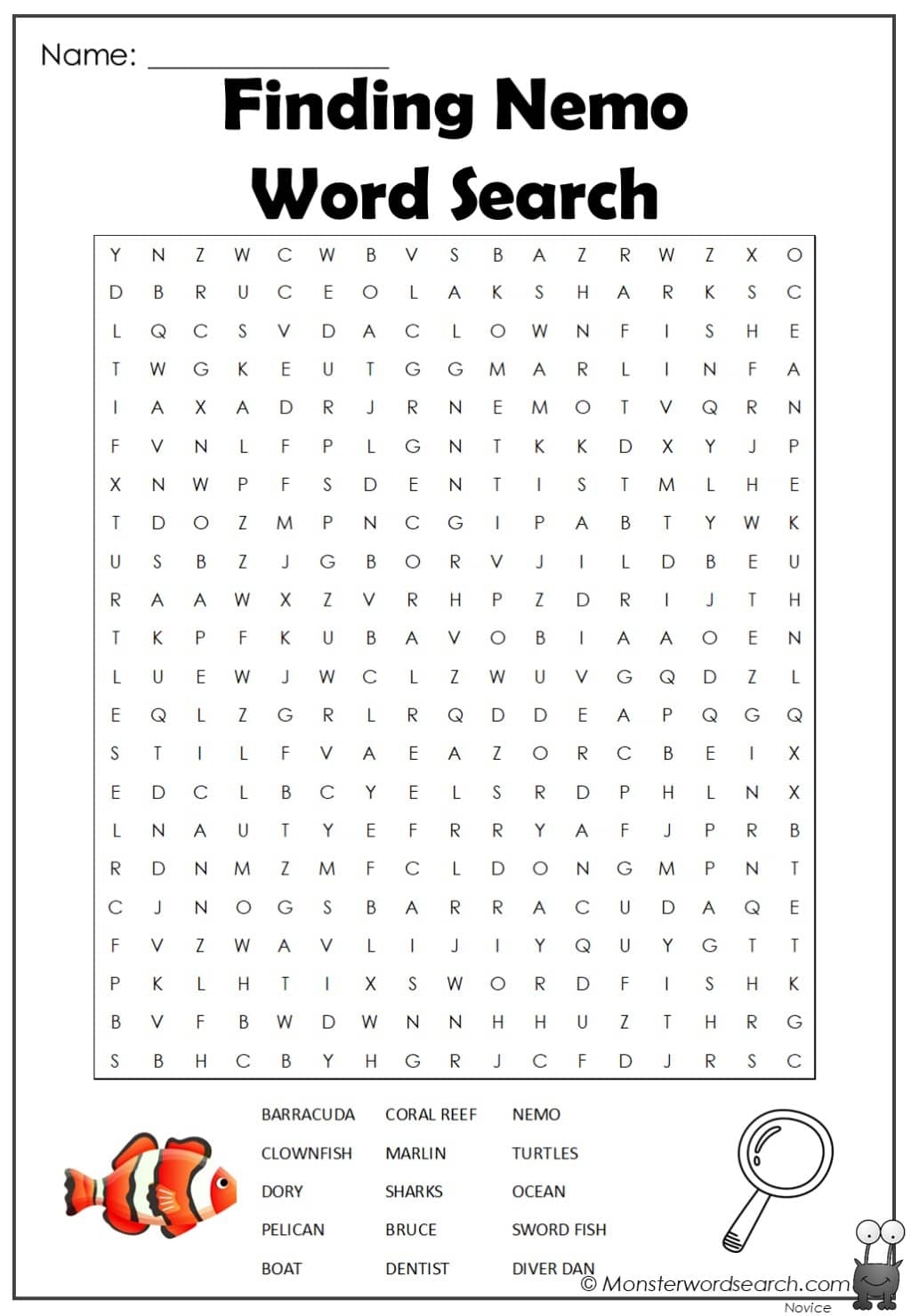 Finding Nemo Word Search Monster Word Search