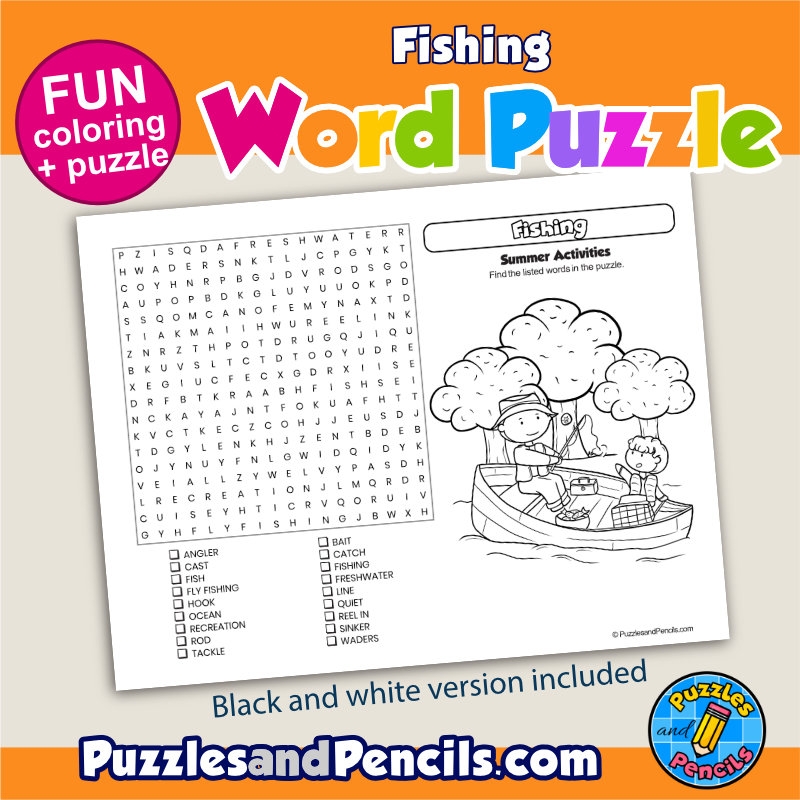 Fishing Word Search Puzzle Activity Page And Coloring Summer Wordsearch