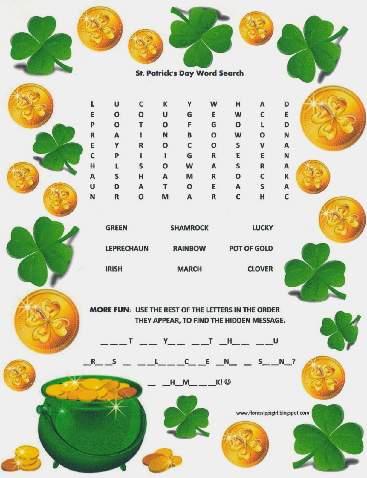 Florassippi Girl St Patrick s Day Word Search Free Printable