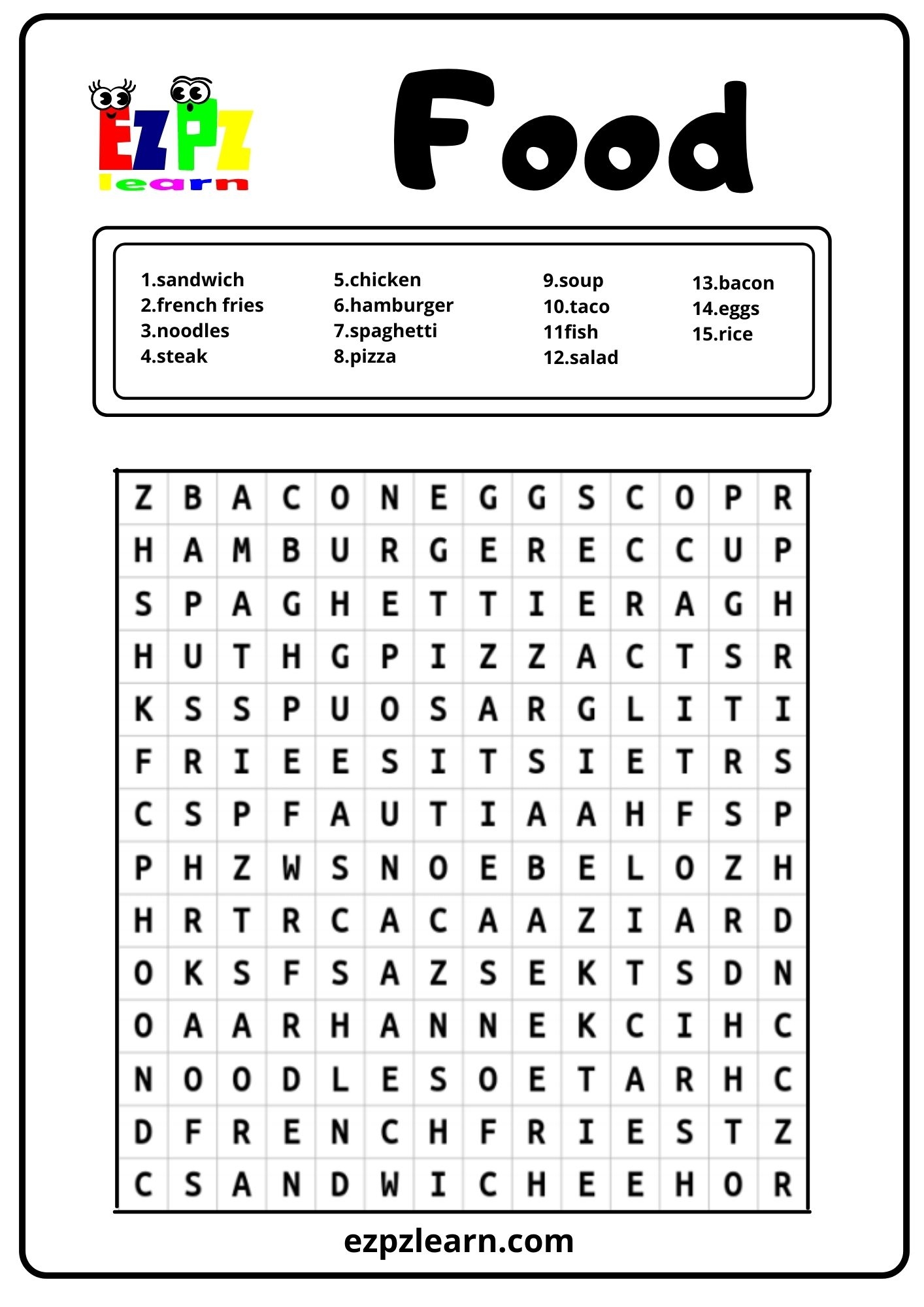 Food Word Search Ezpzlearn