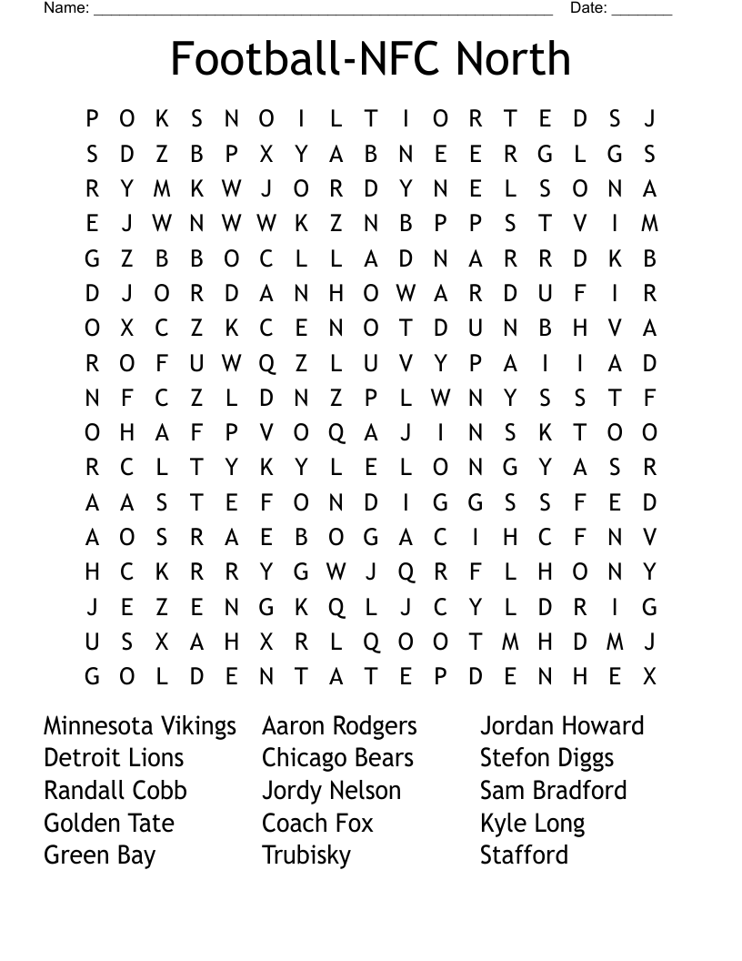 Football NFC North Word Search WordMint