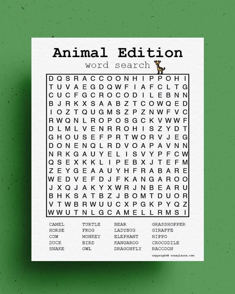 Free Animal Word Search Printable PDF Game Sheets Crazy Laura