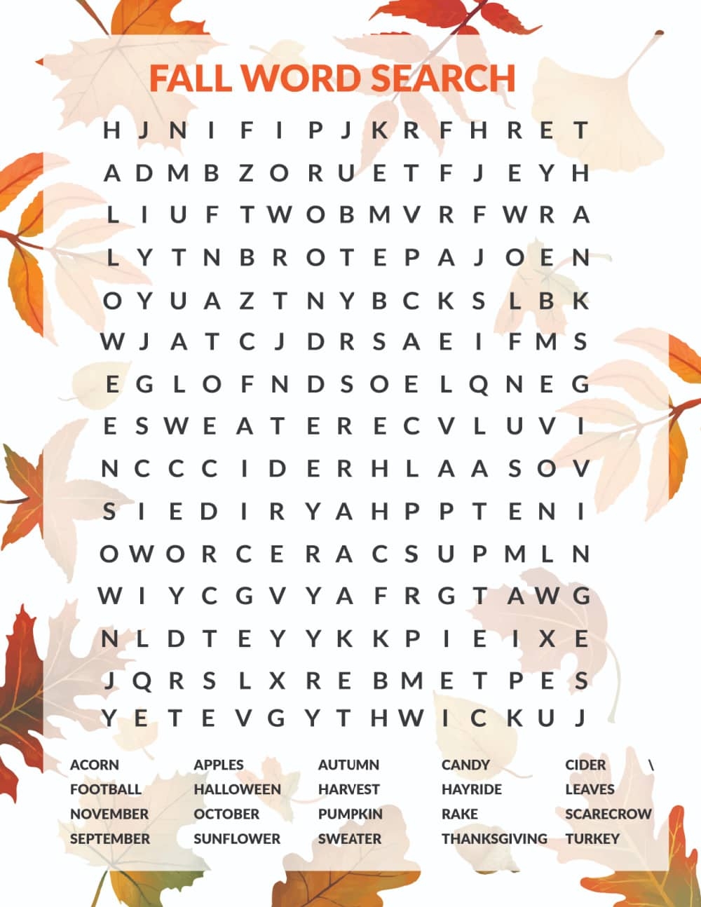 October Word Search Free Printable