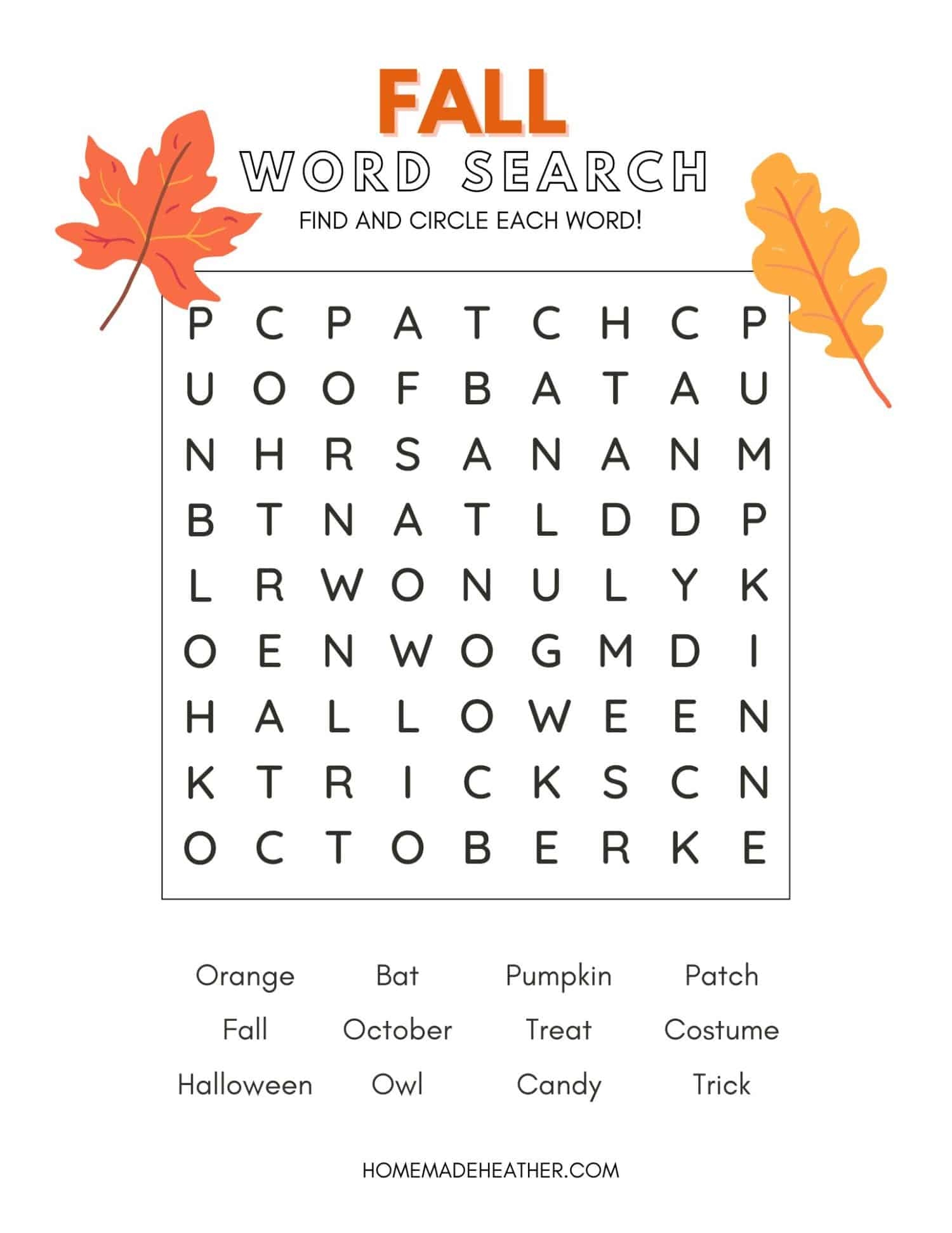 Free Printable October Word Search