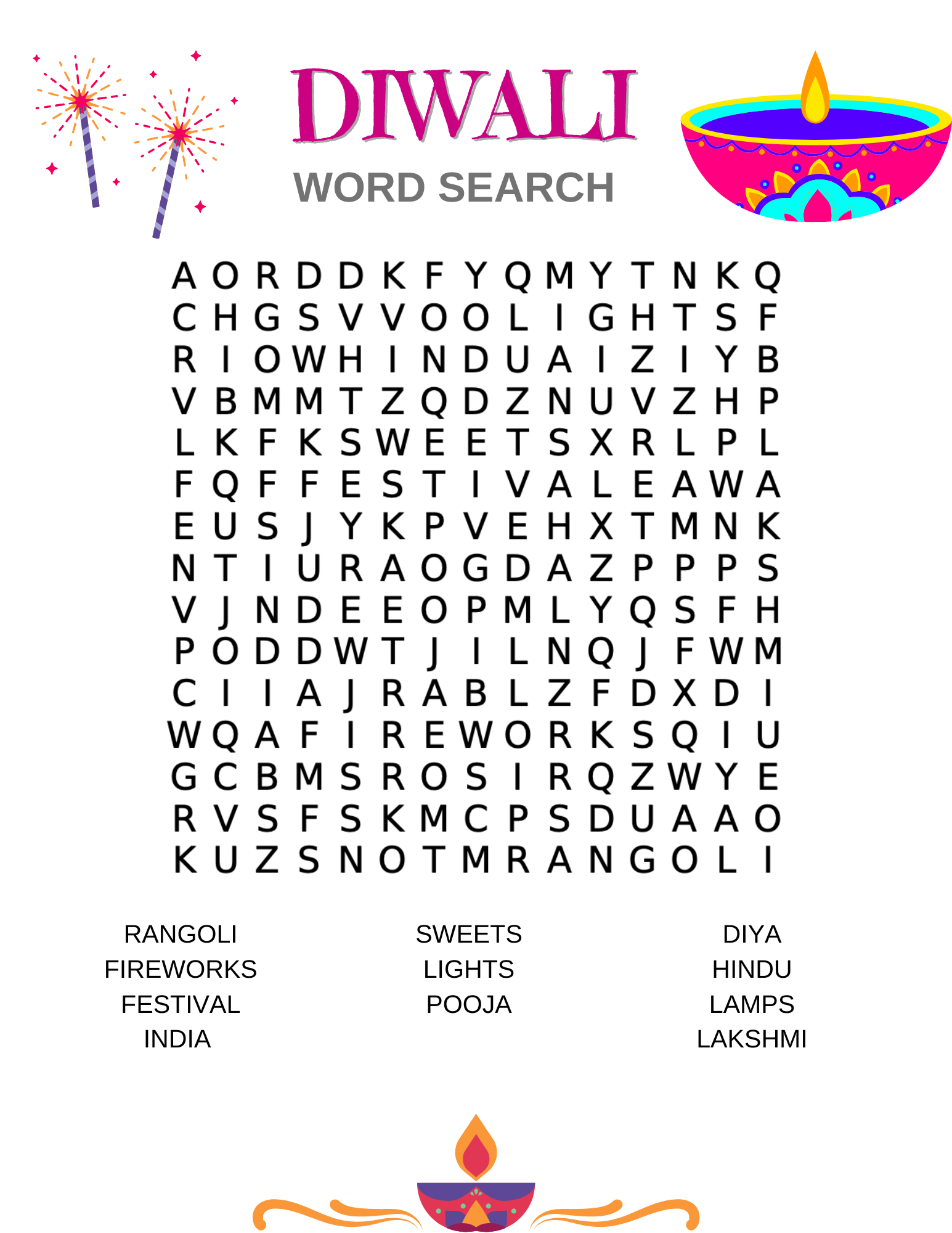 Diwali Word Search Free Printable