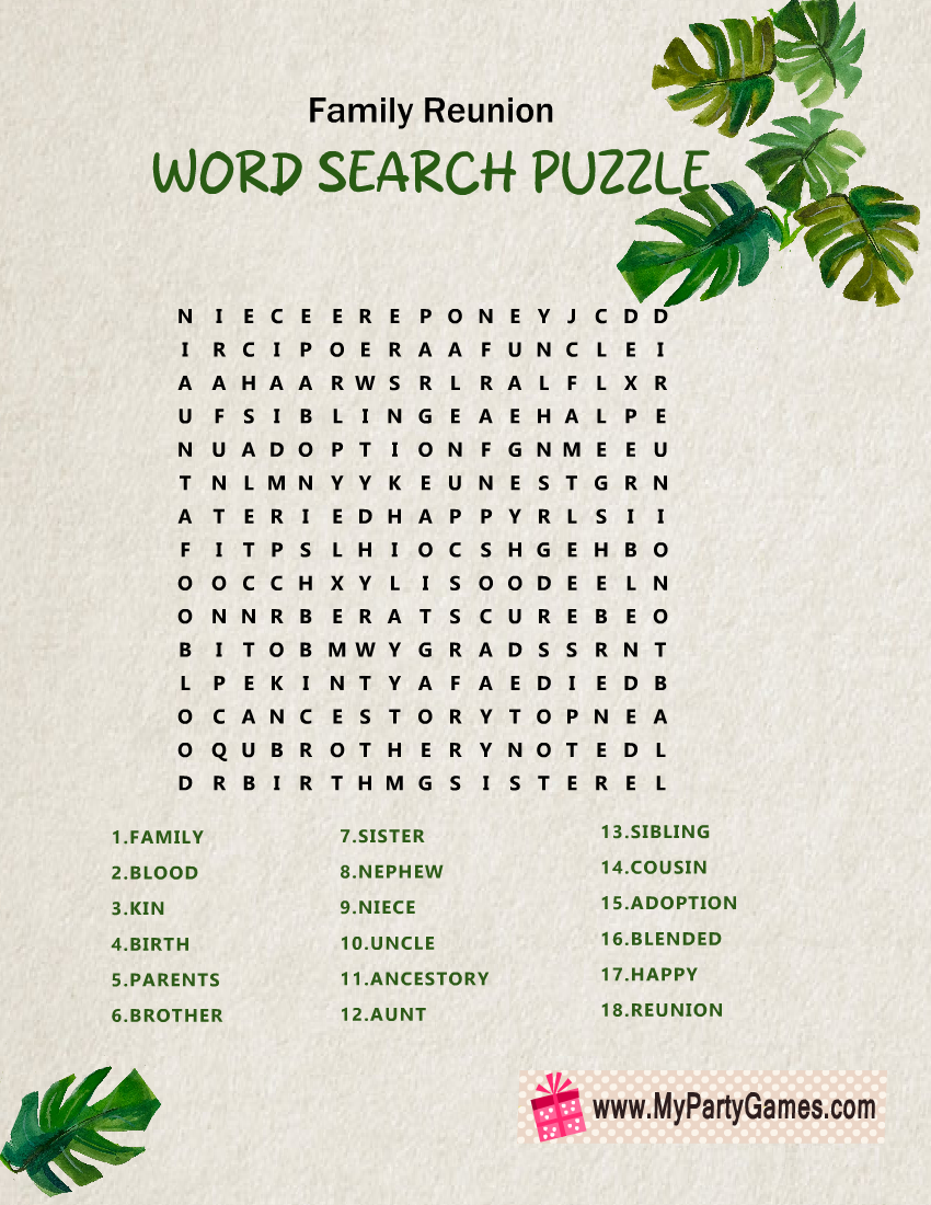 Free Printable Family Reunion Word Search Puzzle With Key