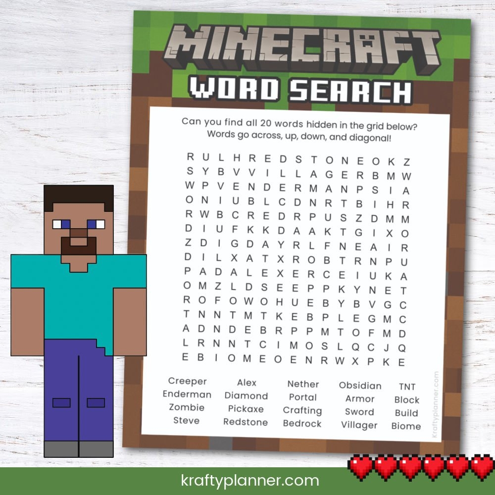 Free Printable Minecraft Word Search Krafty Planner
