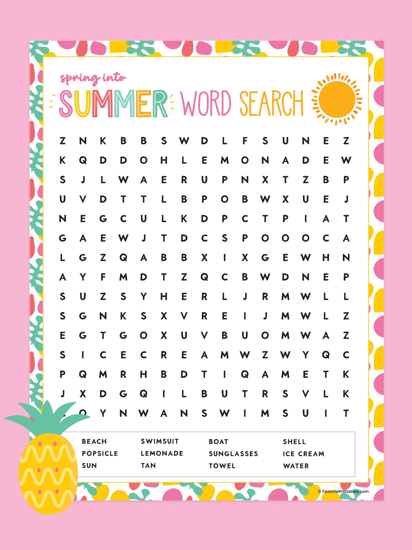 Easy Summer Word Search Printable