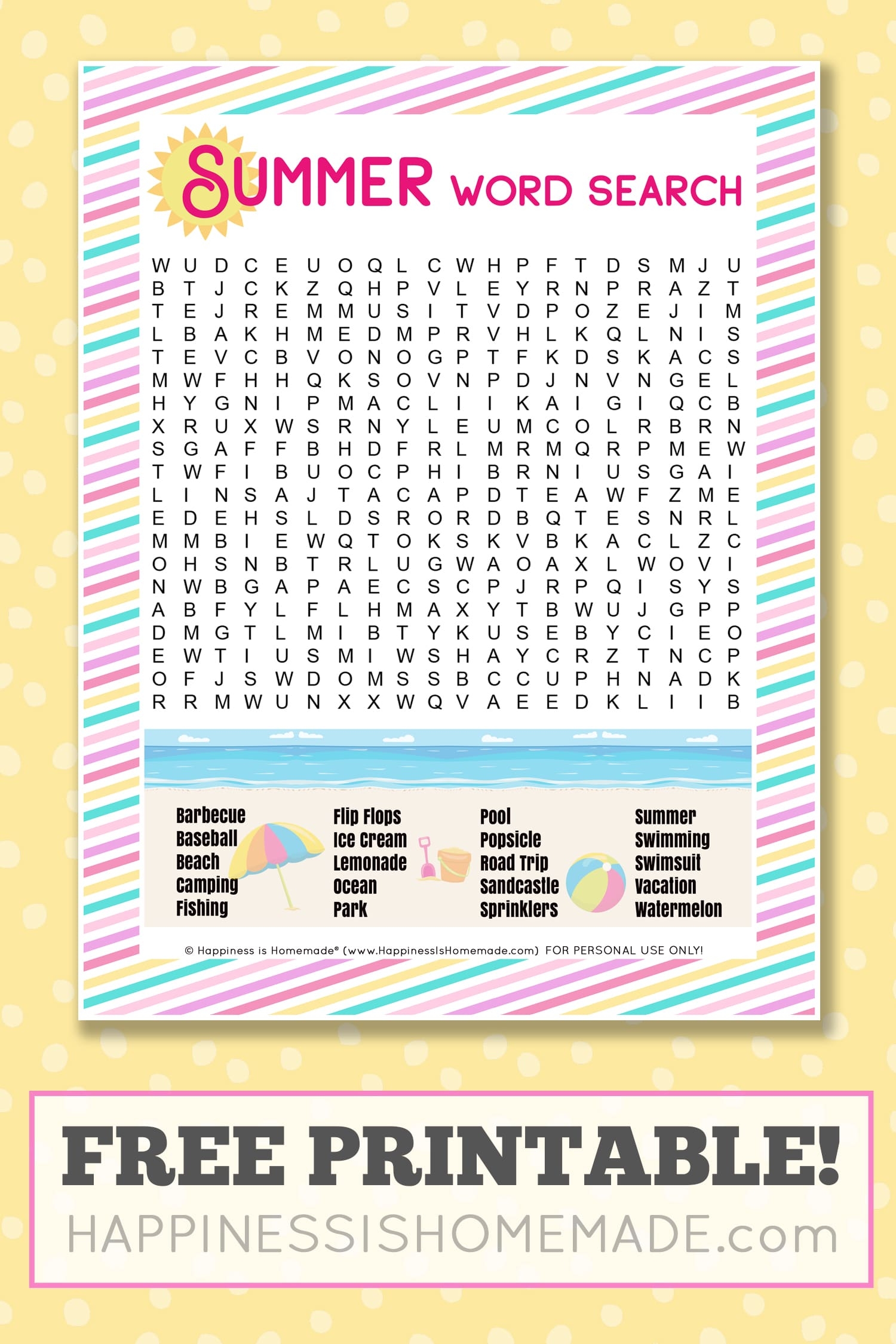 Hard Summer Word Search Printable