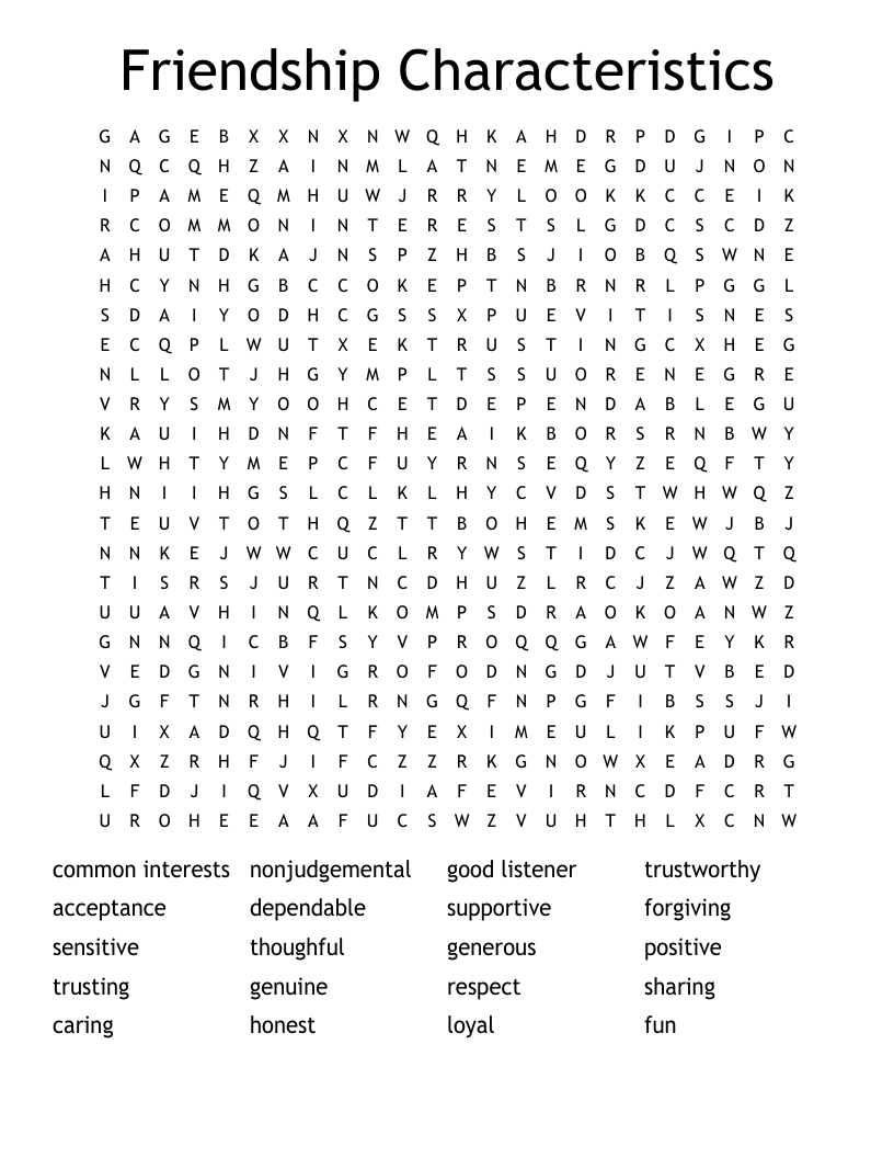 Friendship Characteristics Word Search WordMint