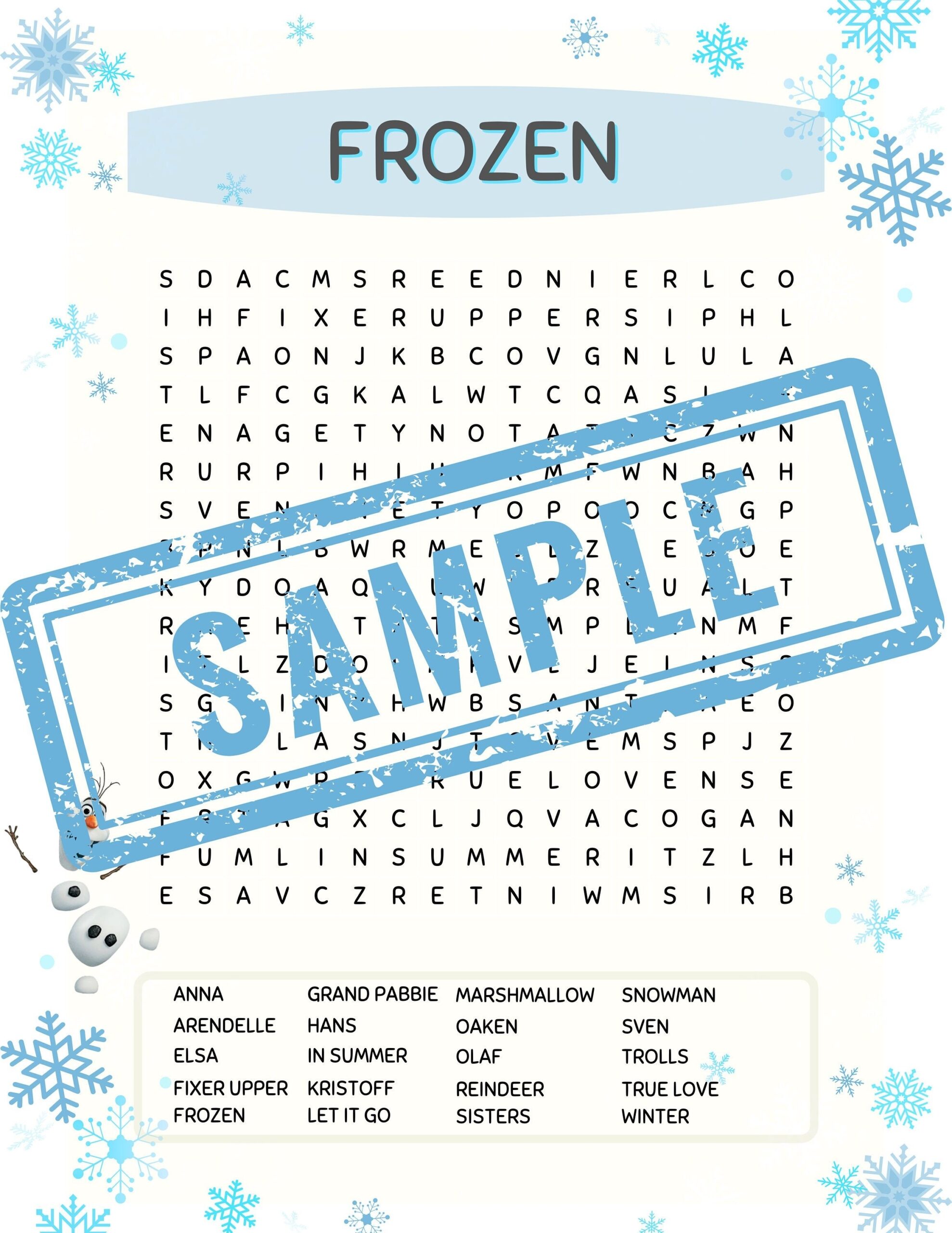 Frozen Word Search Puzzle