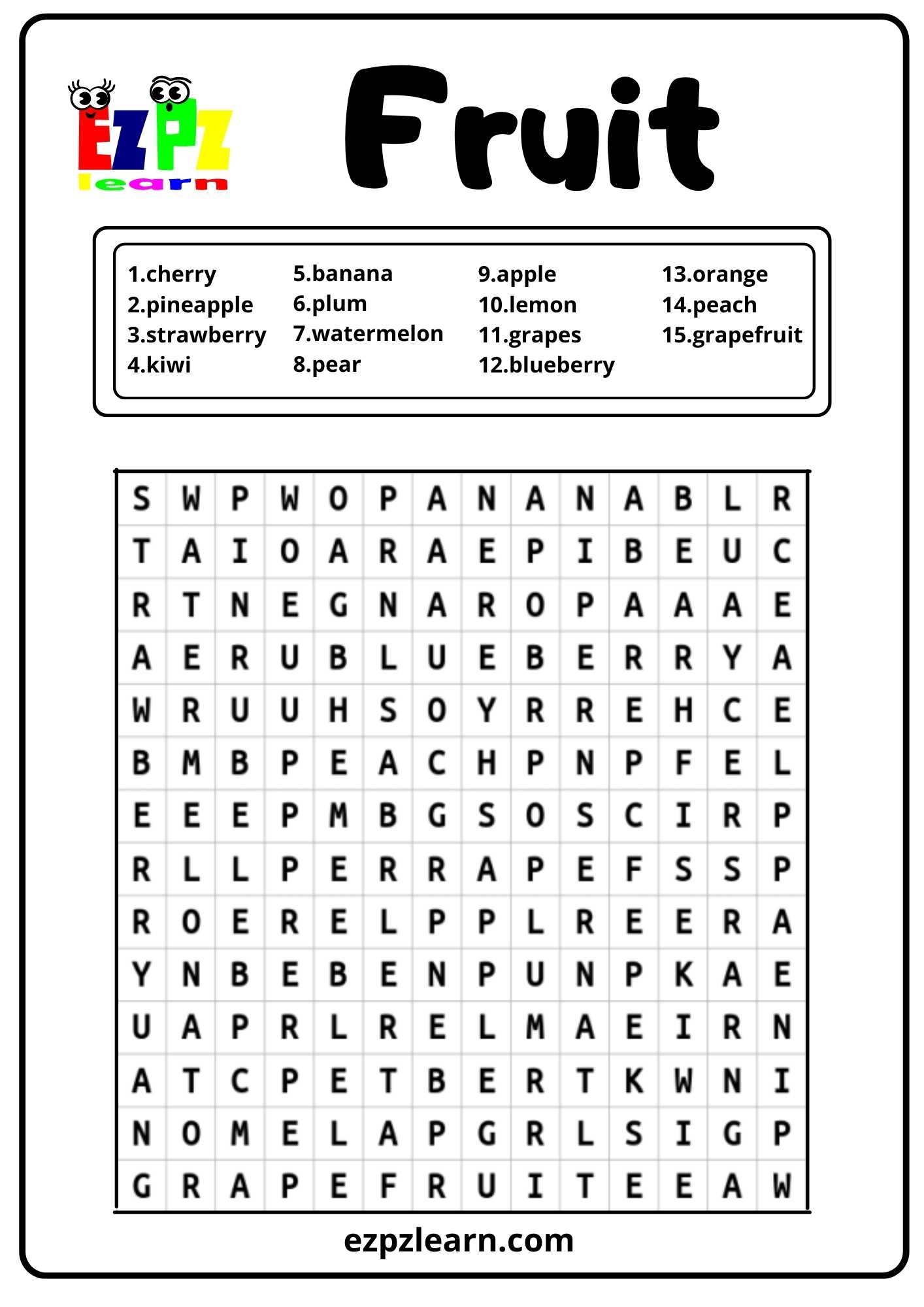 Fruit Word Search Ezpzlearn