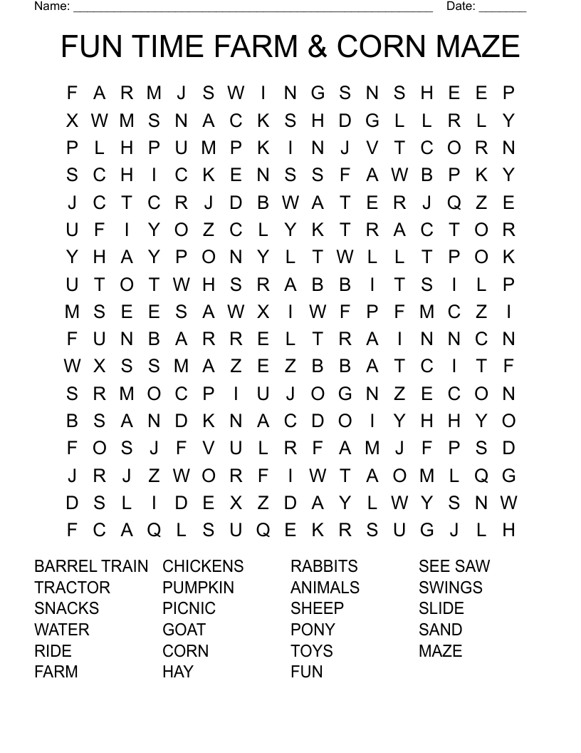 FUN TIME FARM U0026 CORN MAZE Word Search WordMint