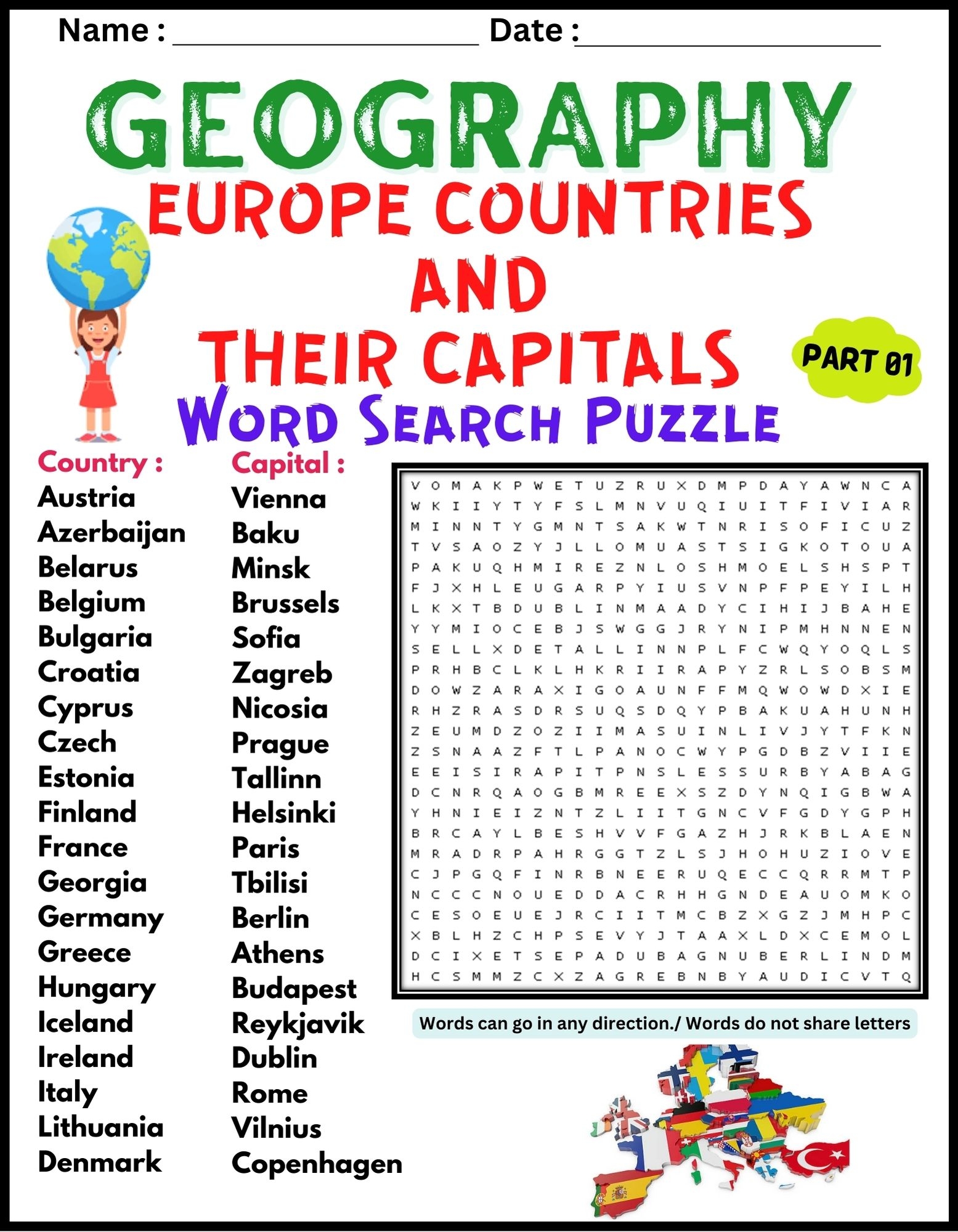 European Countries Word Search Printable
