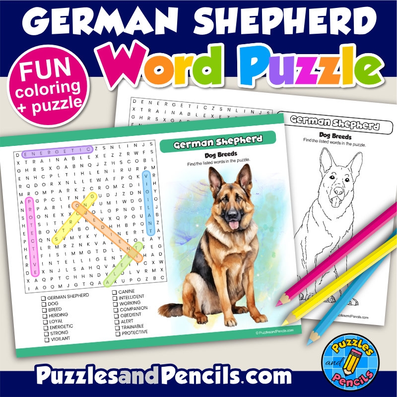 German Shepherd Word Search Puzzle Activity Page And Coloring Dog Breeds Made By Teachers