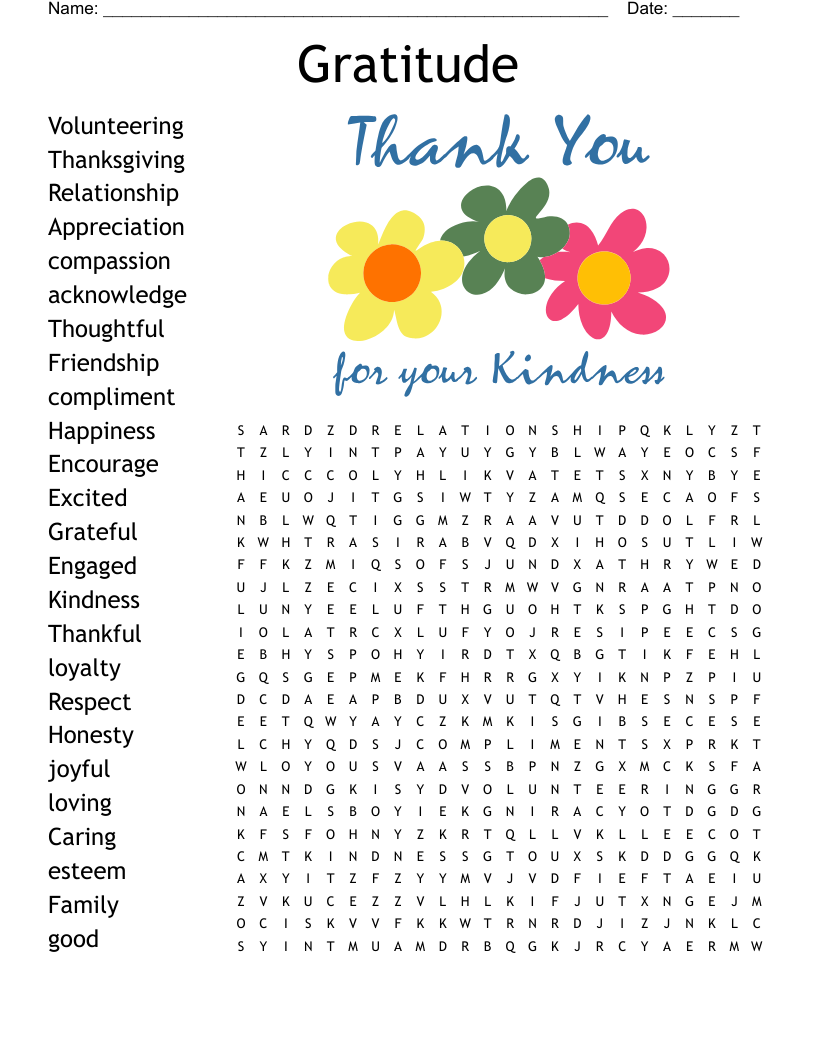 Gratitude Word Search Printable