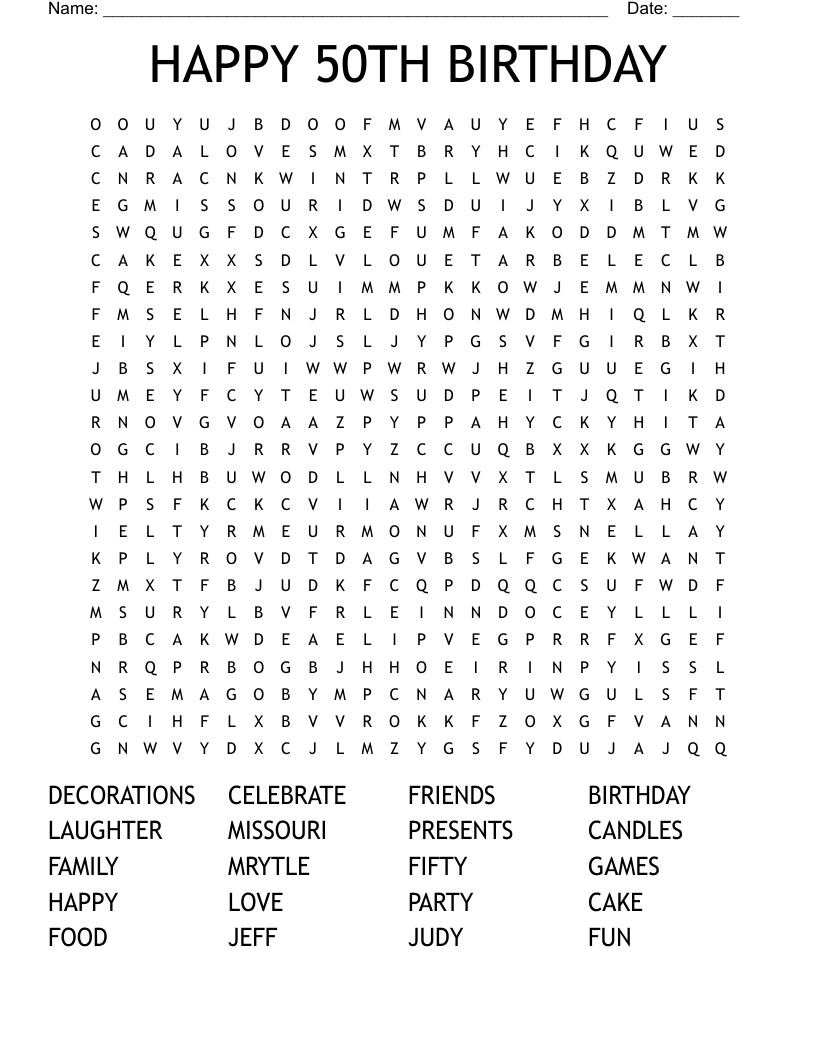 HAPPY 50TH BIRTHDAY Word Search WordMint