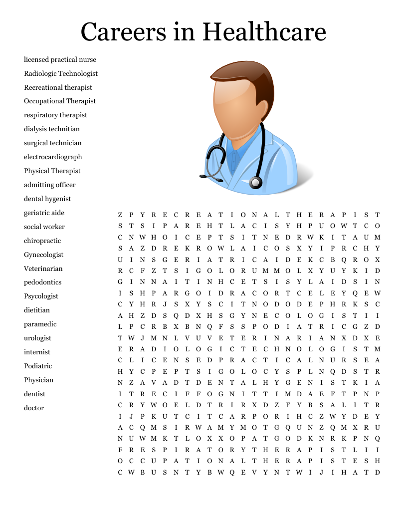 Healthcare Careers Word Search WordMint