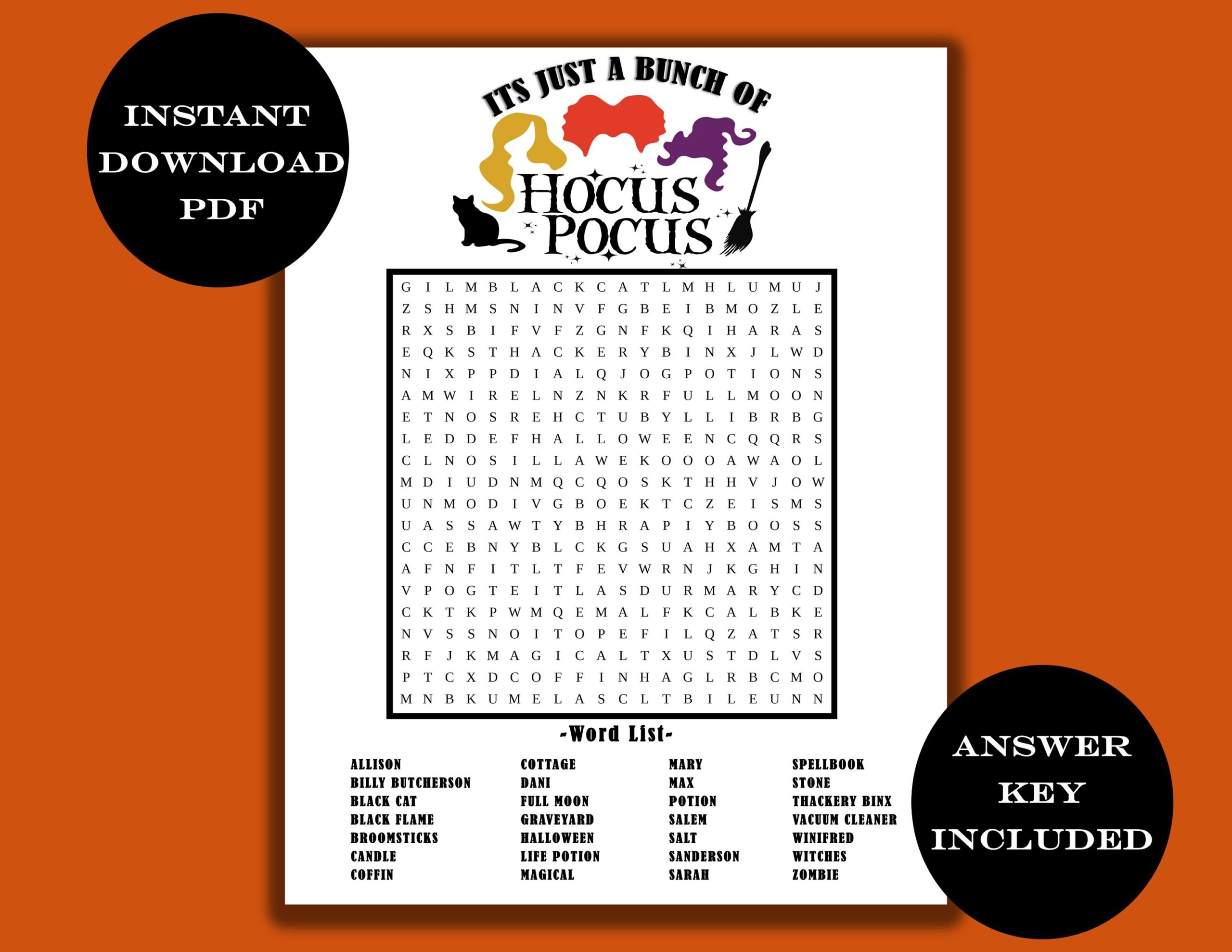 Hocus Pocus Word Search Game Instant Download Halloween Word Search Printable Halloween Party Game