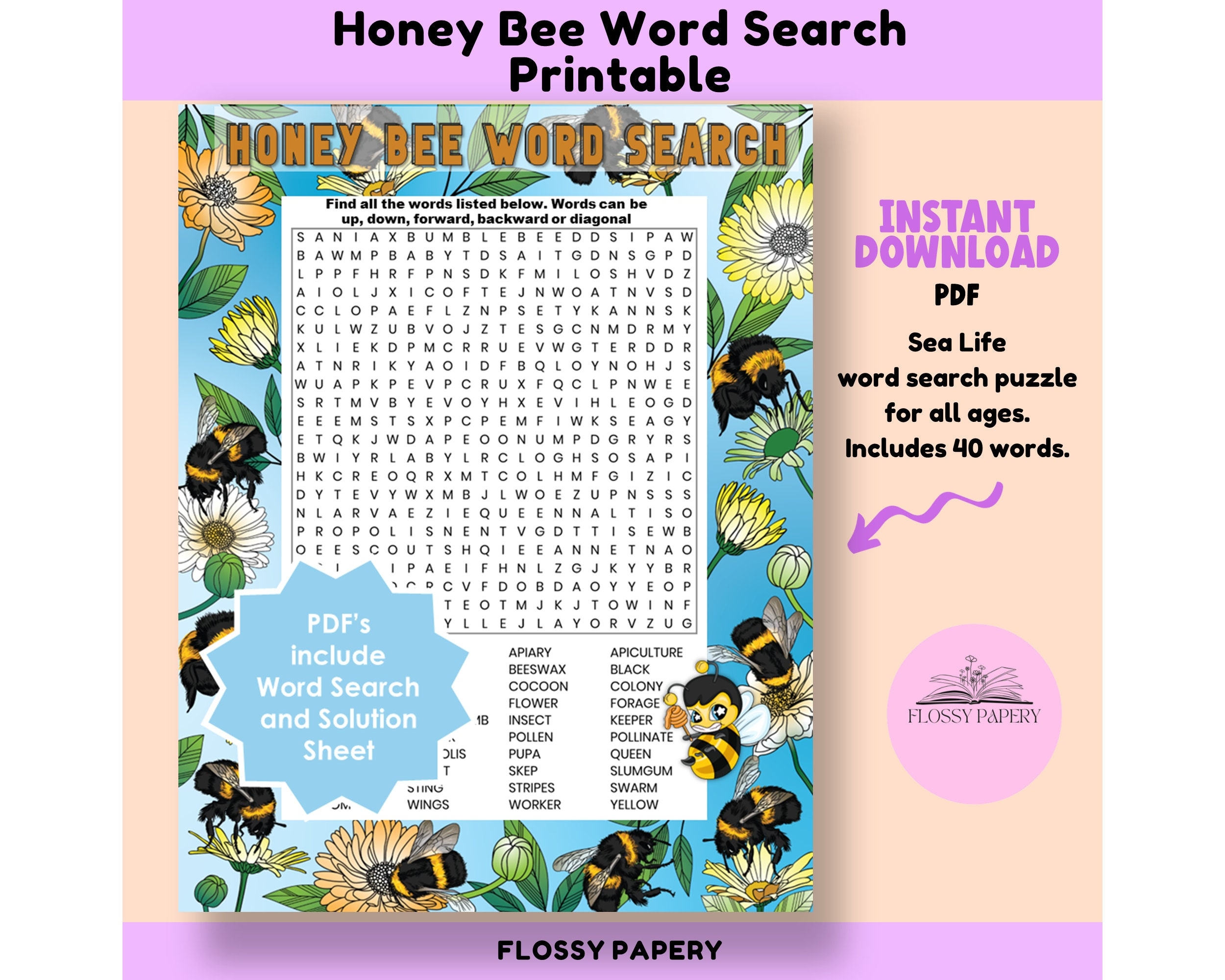 Honey Bee Word Search Printable PDF Large Word Search Puzzle Etsy