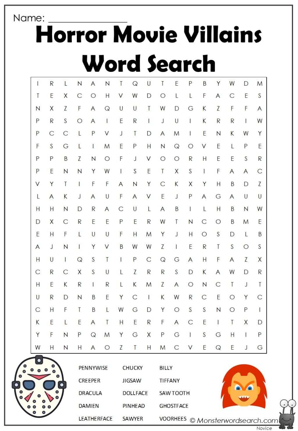 Horror Movie Villains Word Search Monster Word Search
