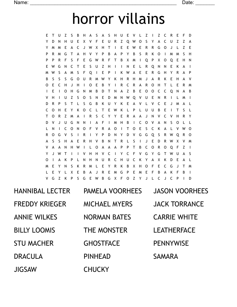 Horror Villains Word Search WordMint