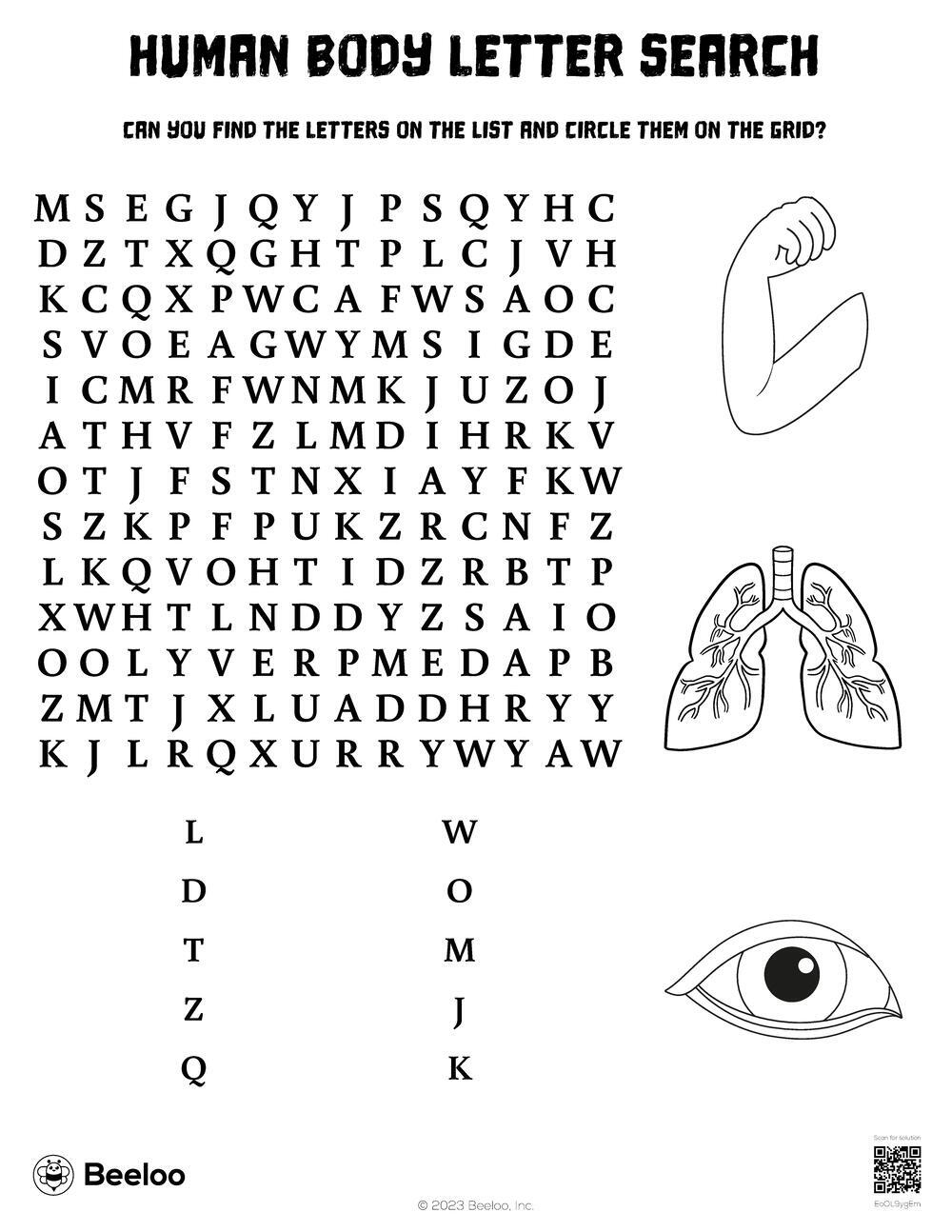 Human Body Word Search Printable