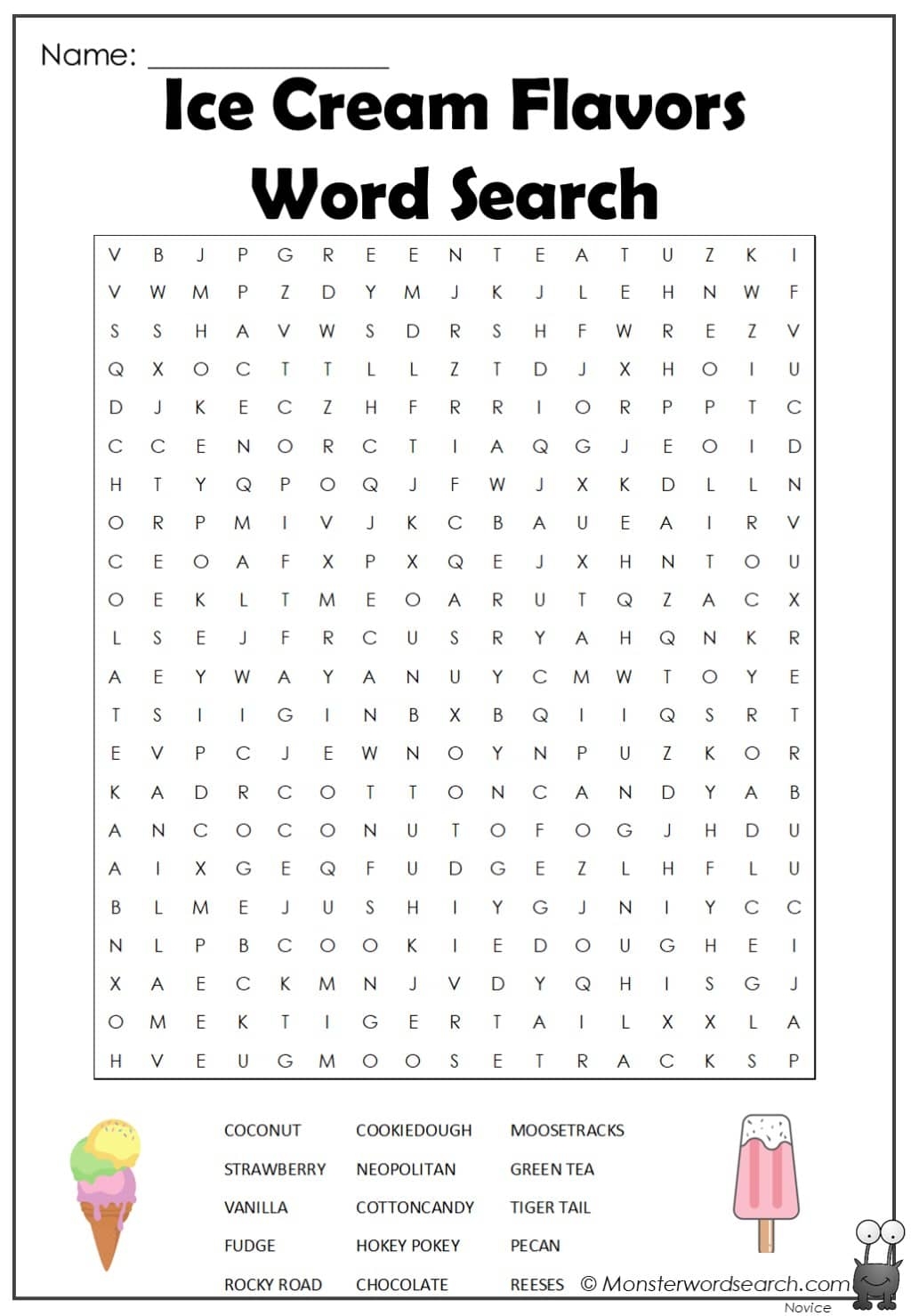Ice Cream Flavors Word Search Monster Word Search