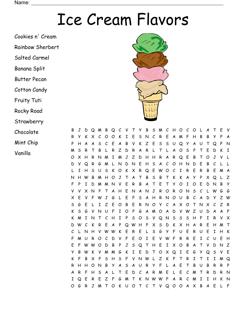 Ice Cream Flavors Word Search WordMint