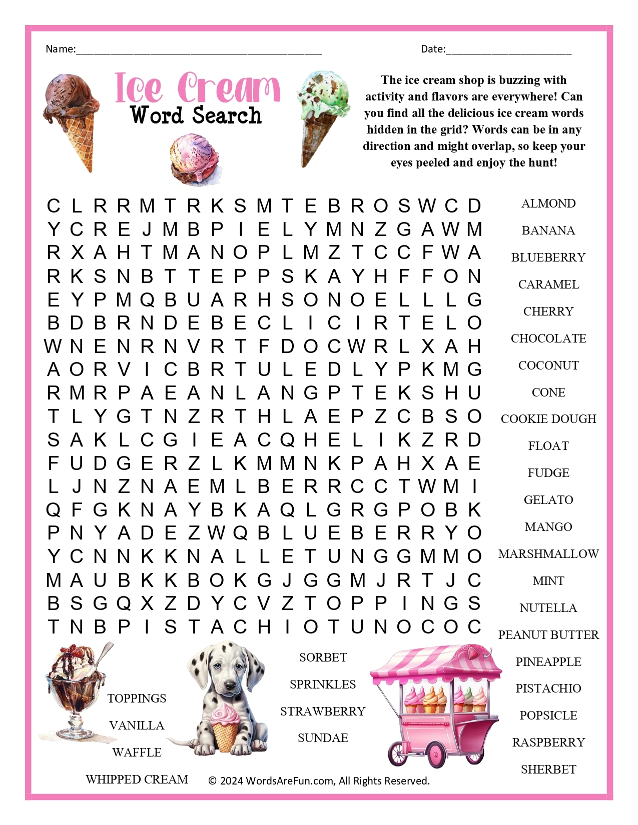 Ice Cream Word Search Free Printable