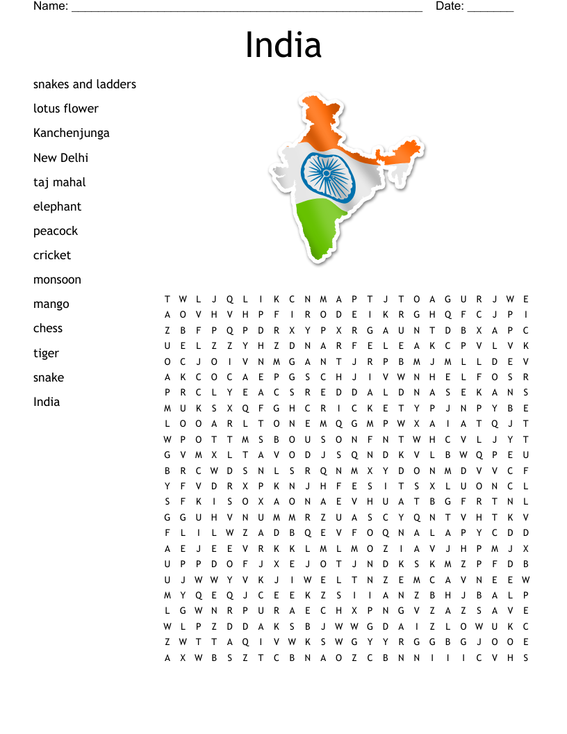 India Word Search Printable