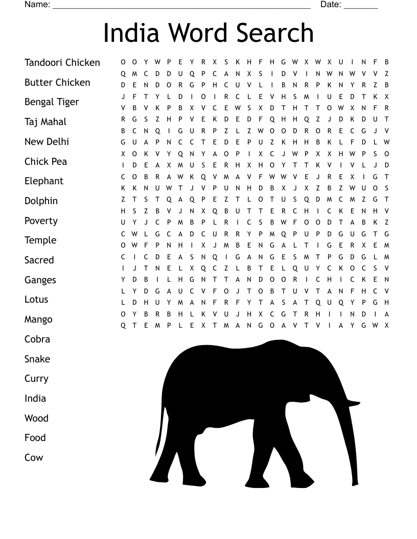 India Word Search Printable