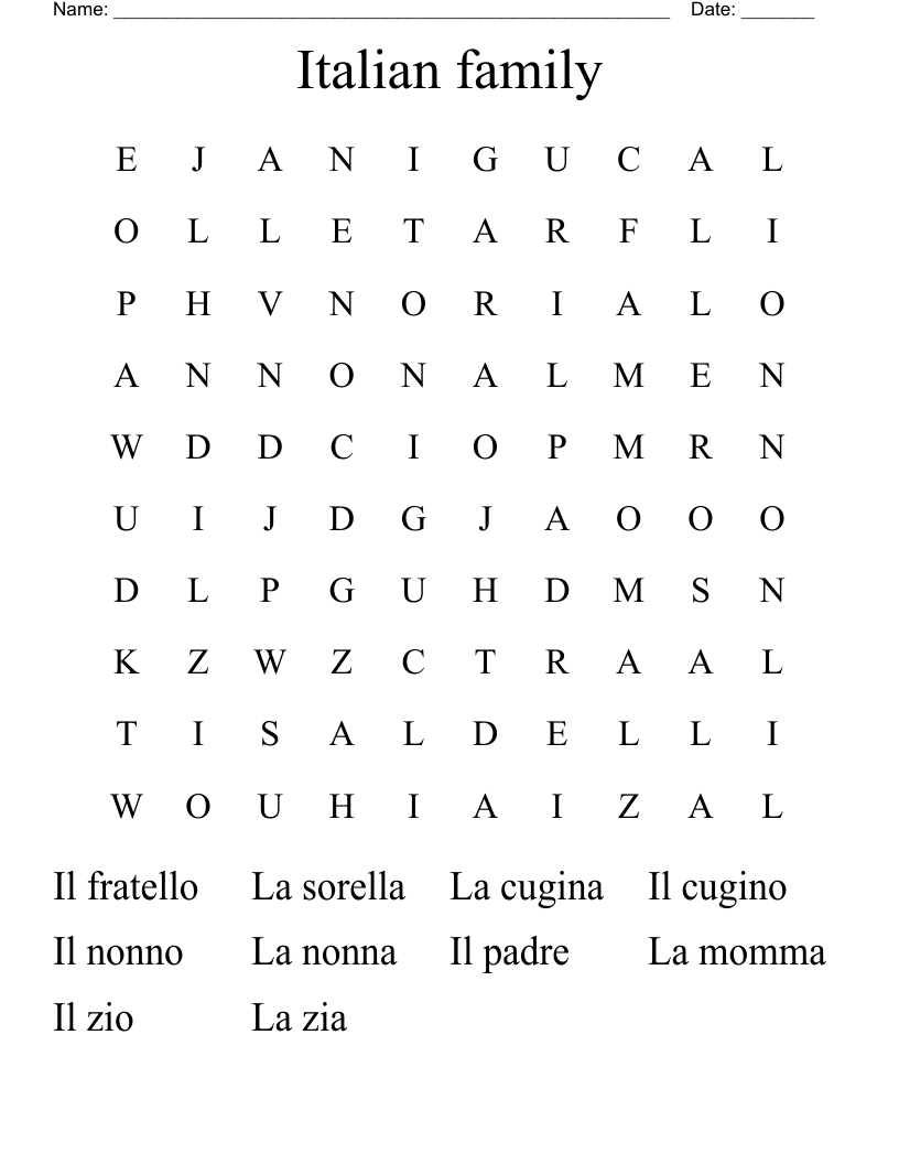 Italian Family Word Search WordMint