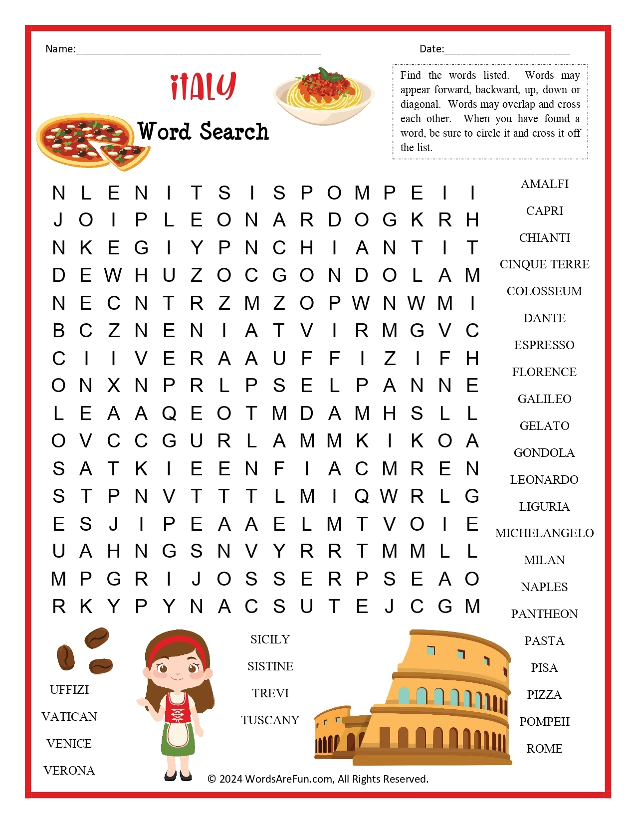 Italian Word Search Printable