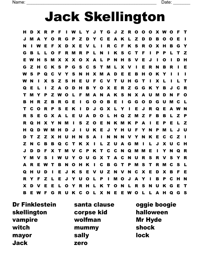 Jack Skellington Word Search WordMint