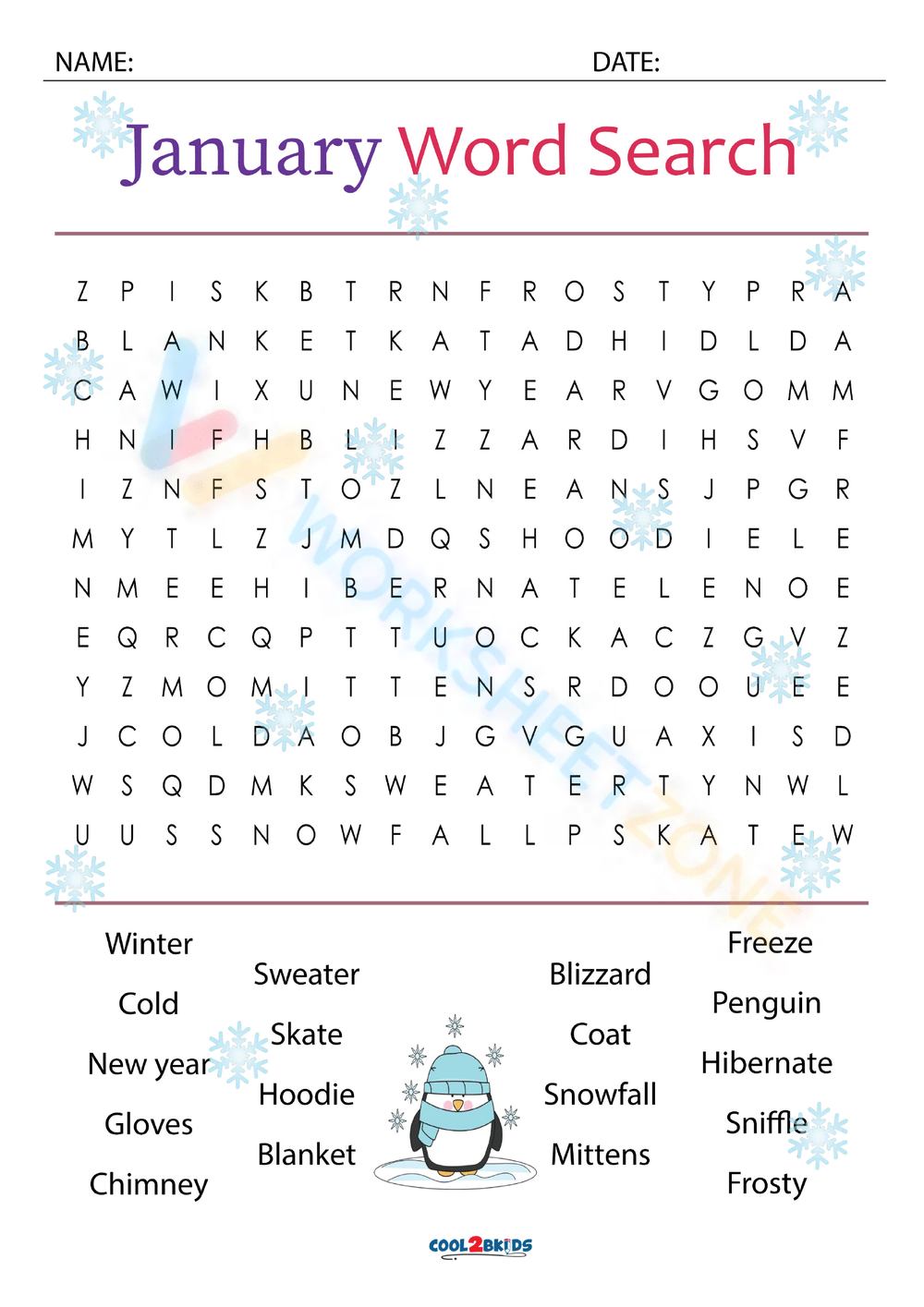 Printable January Word Search