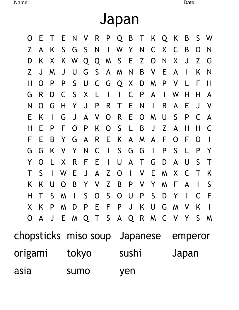Japan Word Search Printable
