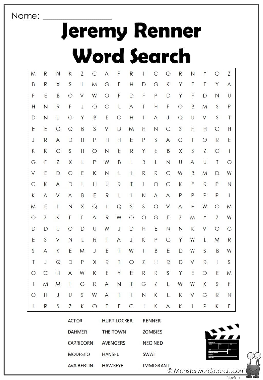 Jeremy Renner Word Search Monster Word Search
