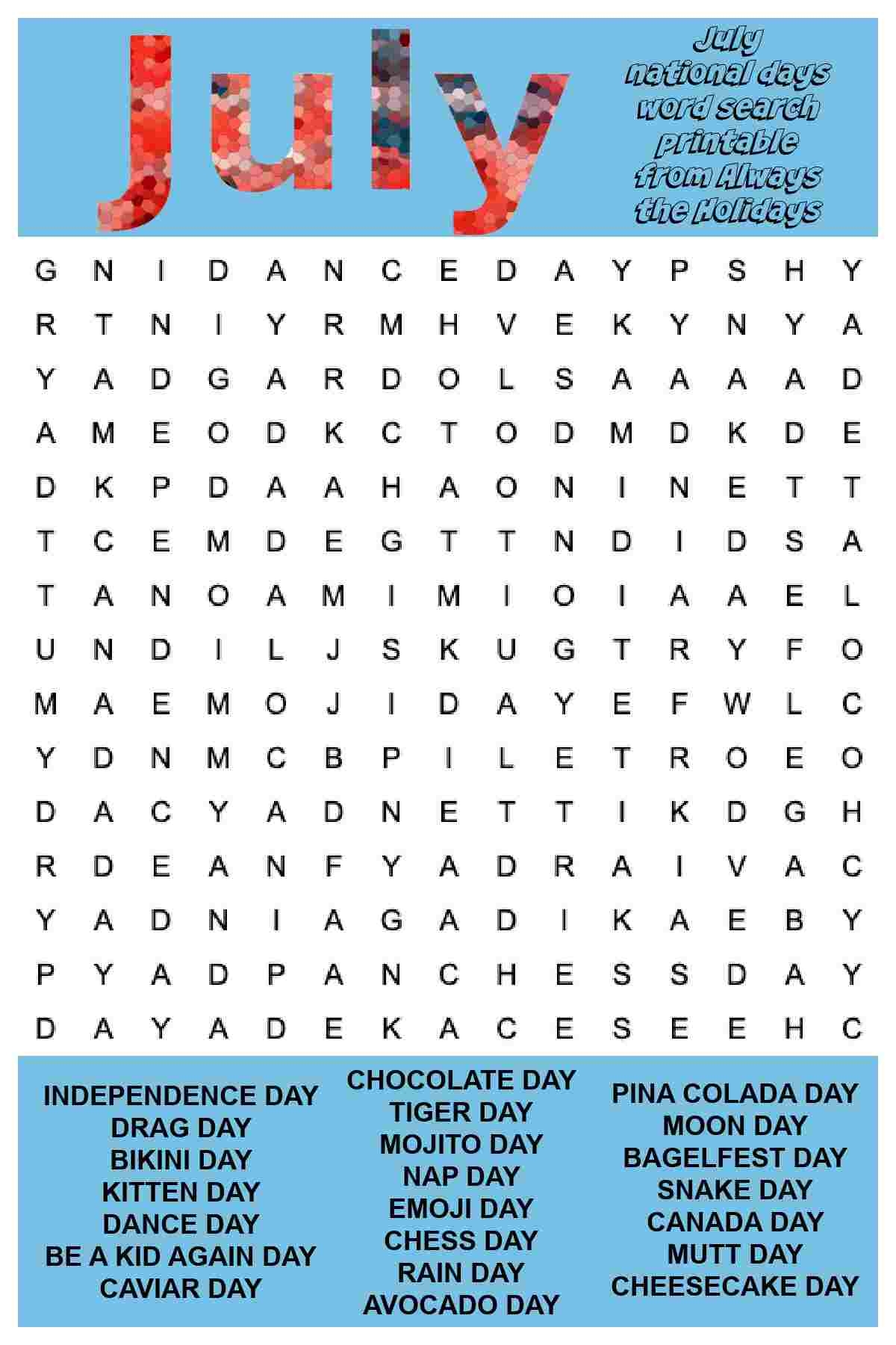 July Word Search Printable