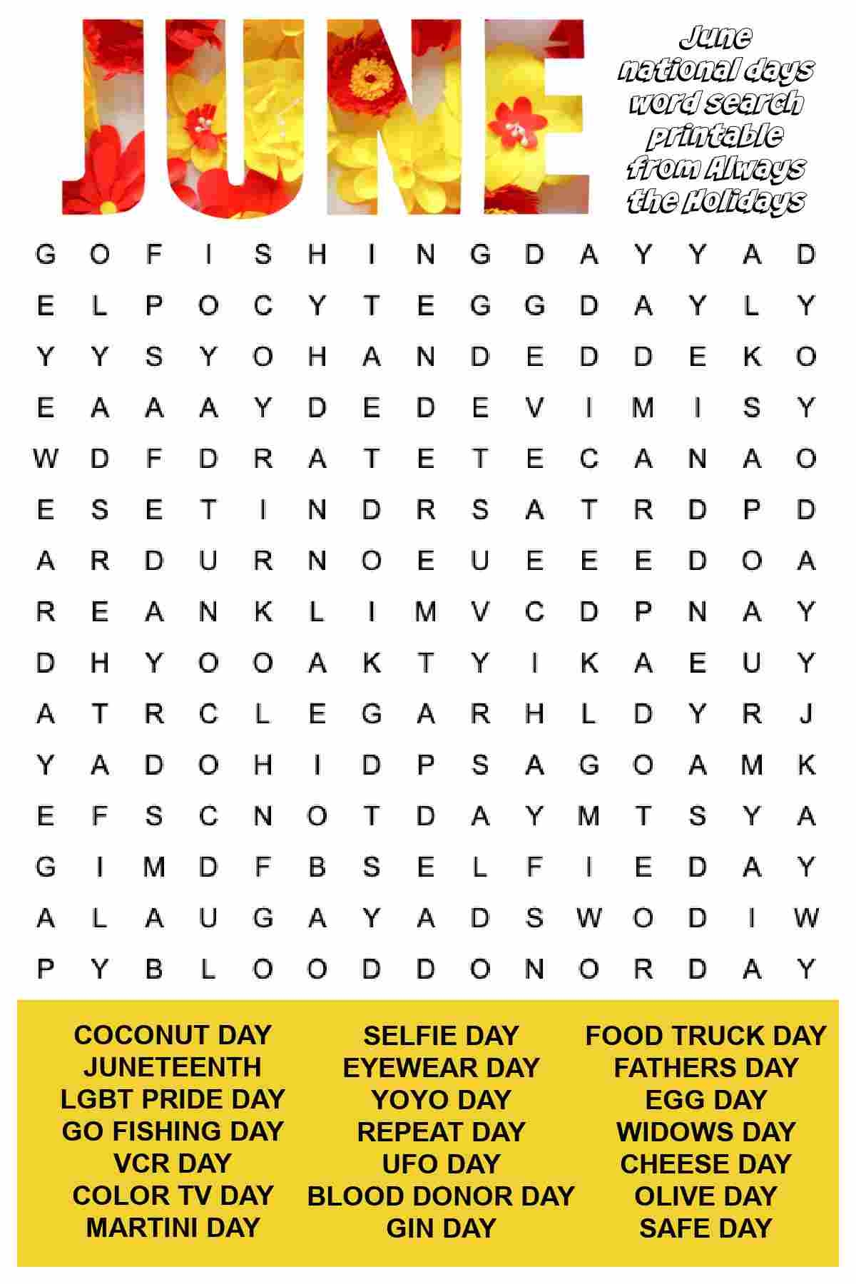 June Word Search Free Printable