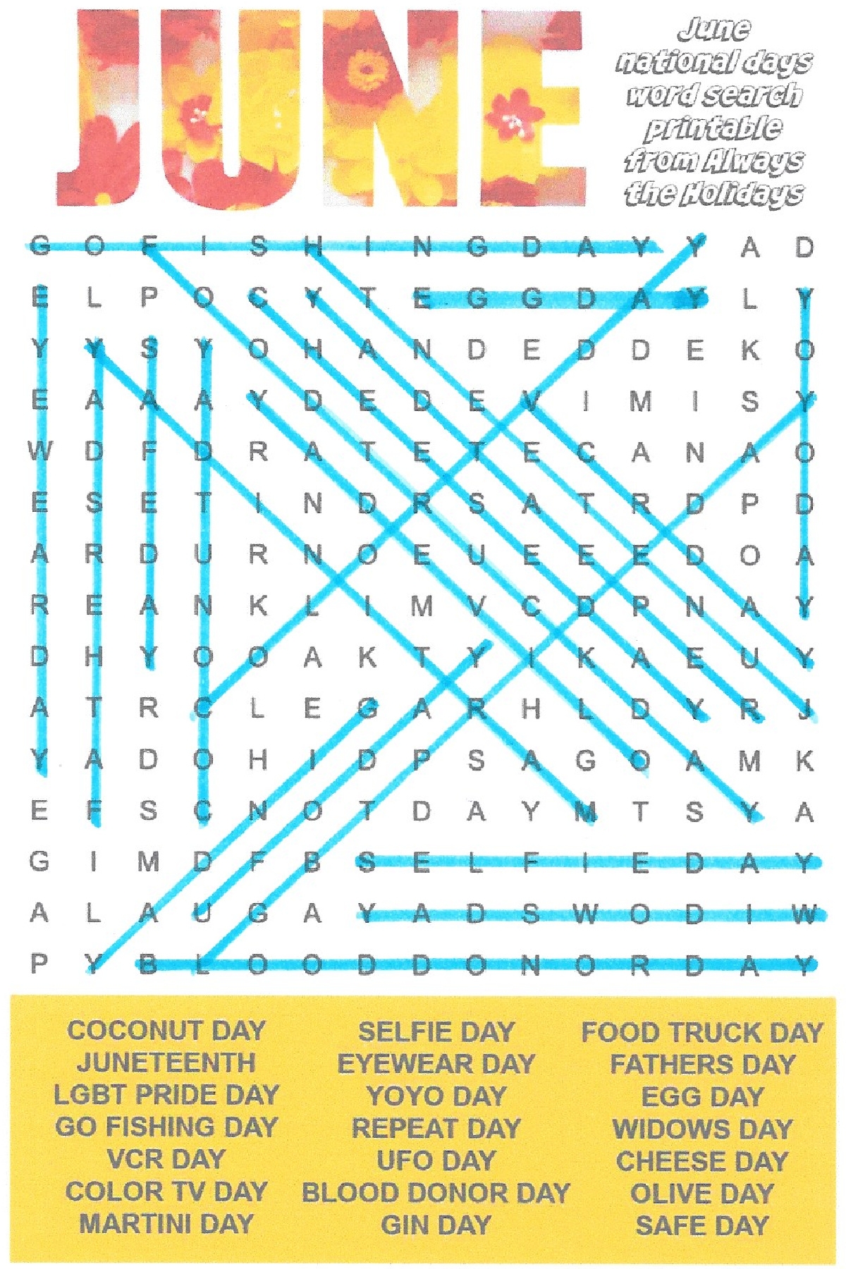 June Word Search Free Printable
