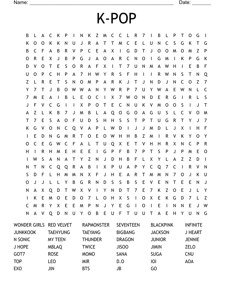 Kpop Word Search Printable
